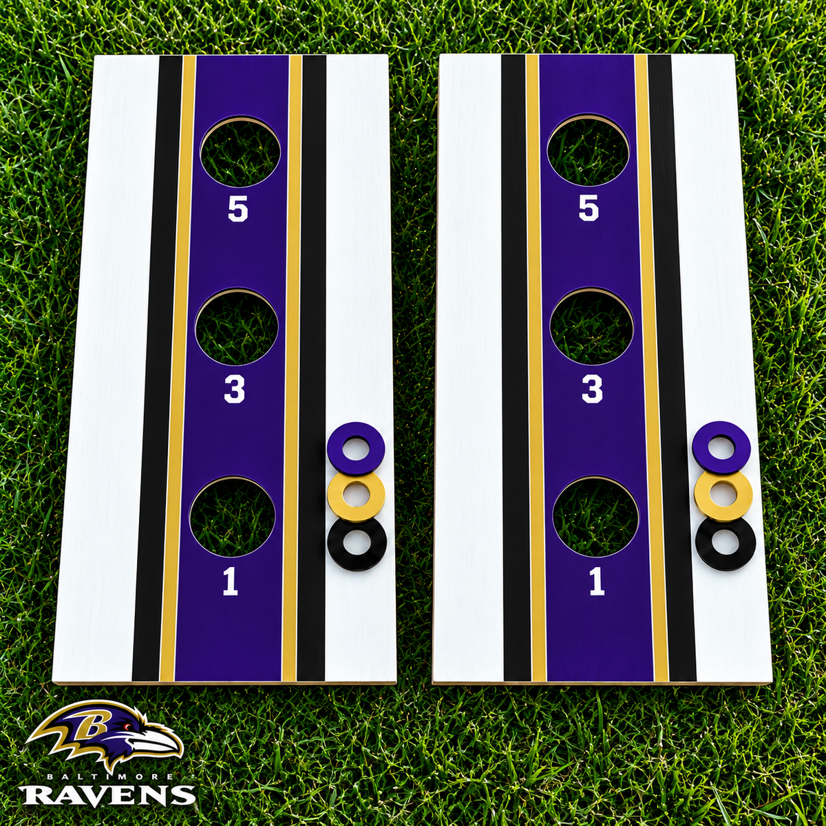 WishyWashy white striped washer toss board set in Baltimore Ravens colors