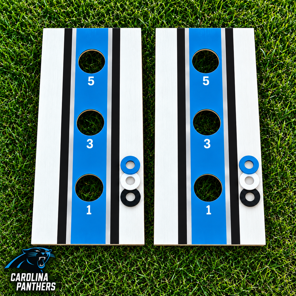 WishyWashy white striped washer toss board set in Carolina Panthers colors