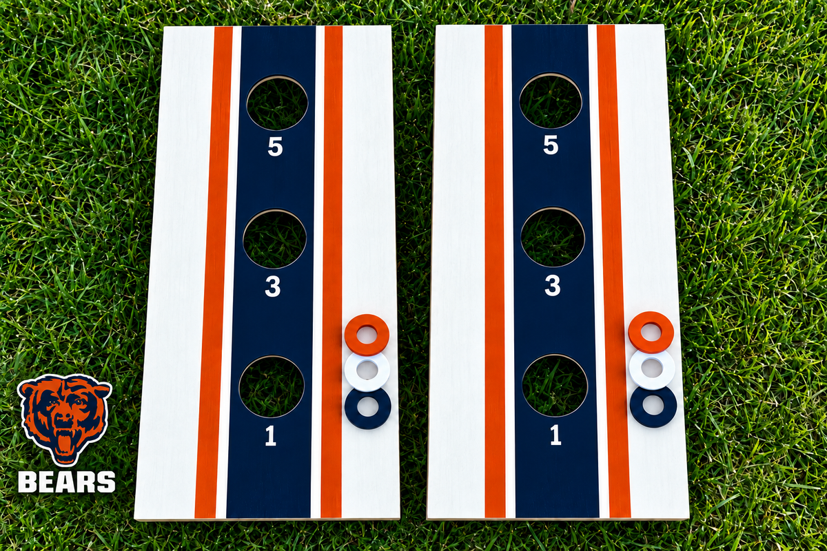 WishyWashy white striped washer toss board set in Chicago Bears colors