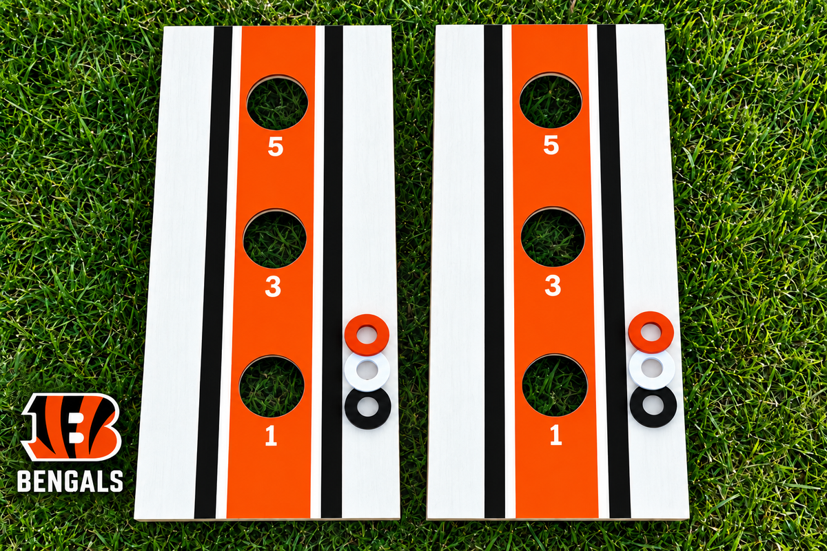 WishyWashy white striped washer toss board set in Cincinnati Bengals colors