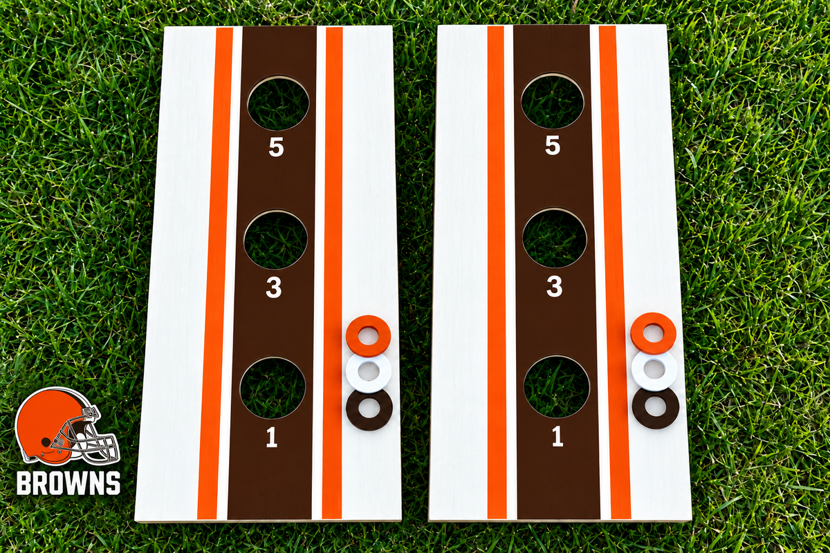 WishyWashy white striped washer toss board set in Cleveland Browns colors