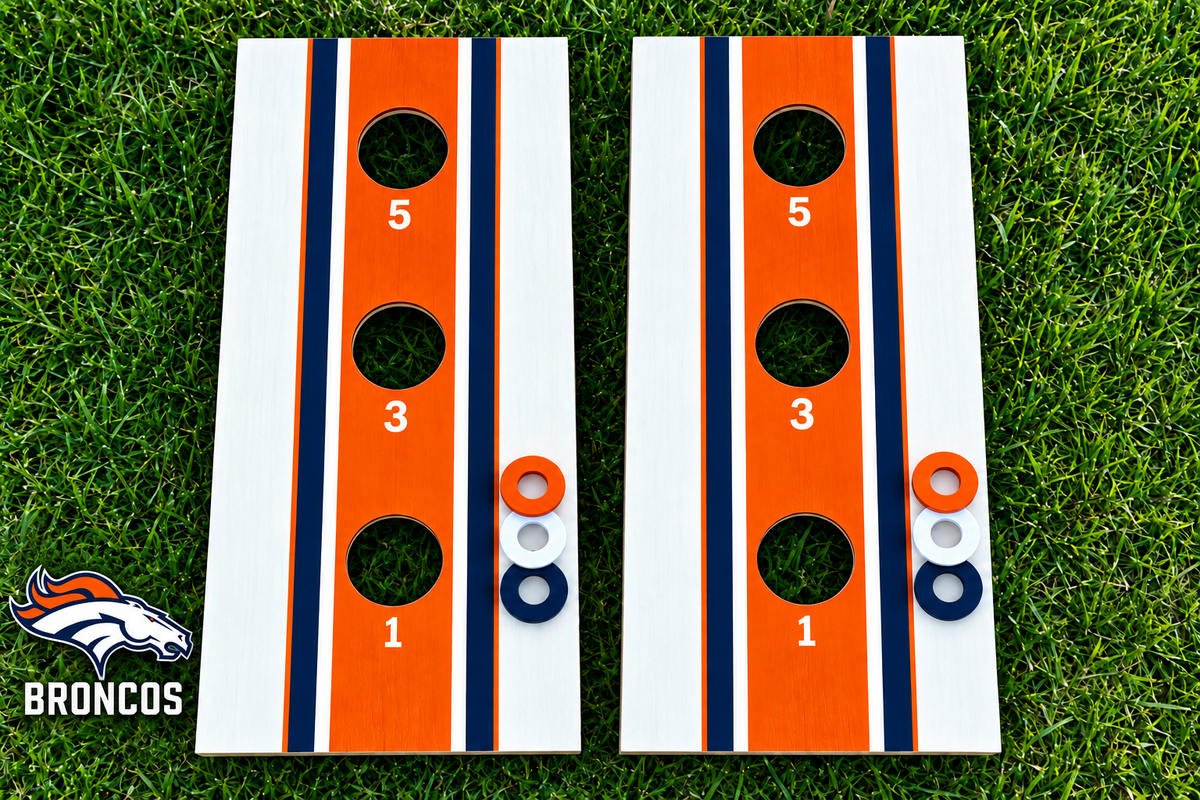 WishyWashy white striped washer toss board set in Denver Broncos colors