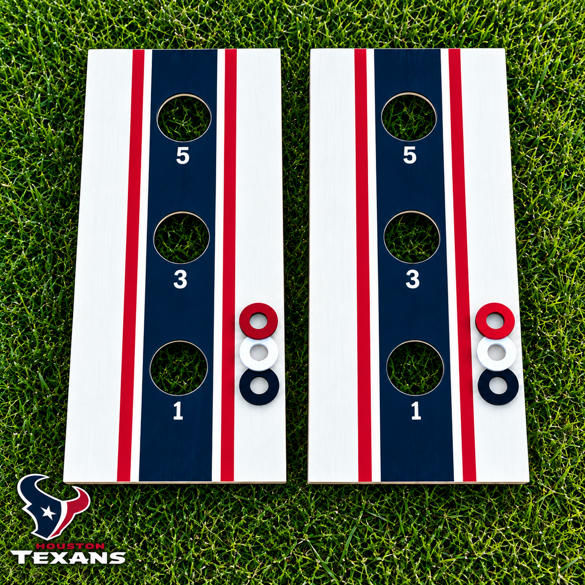 WishyWashy white striped washer toss board set in Houston Texans colors