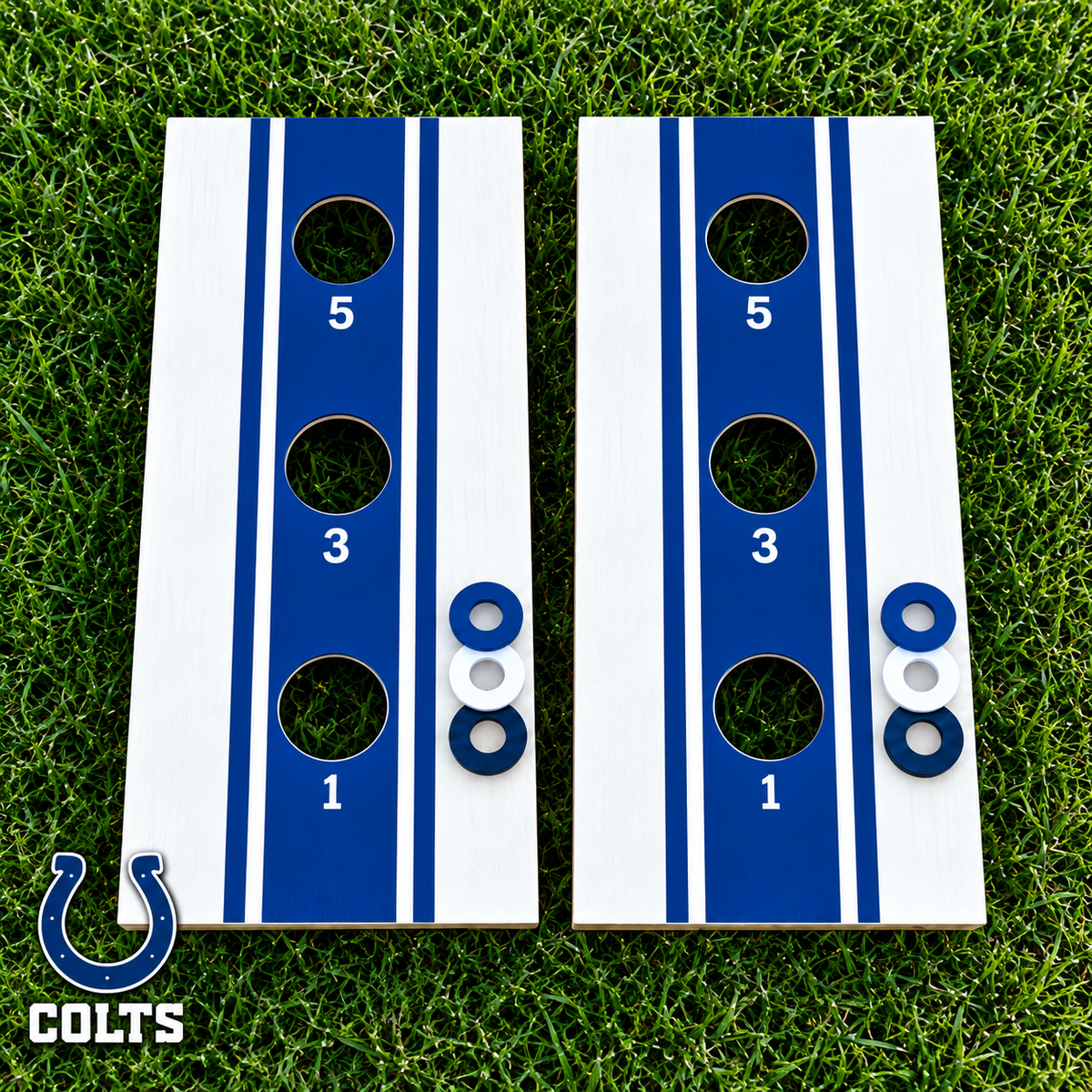 WishyWashy white striped washer toss board set in Indianapolis Colts colors