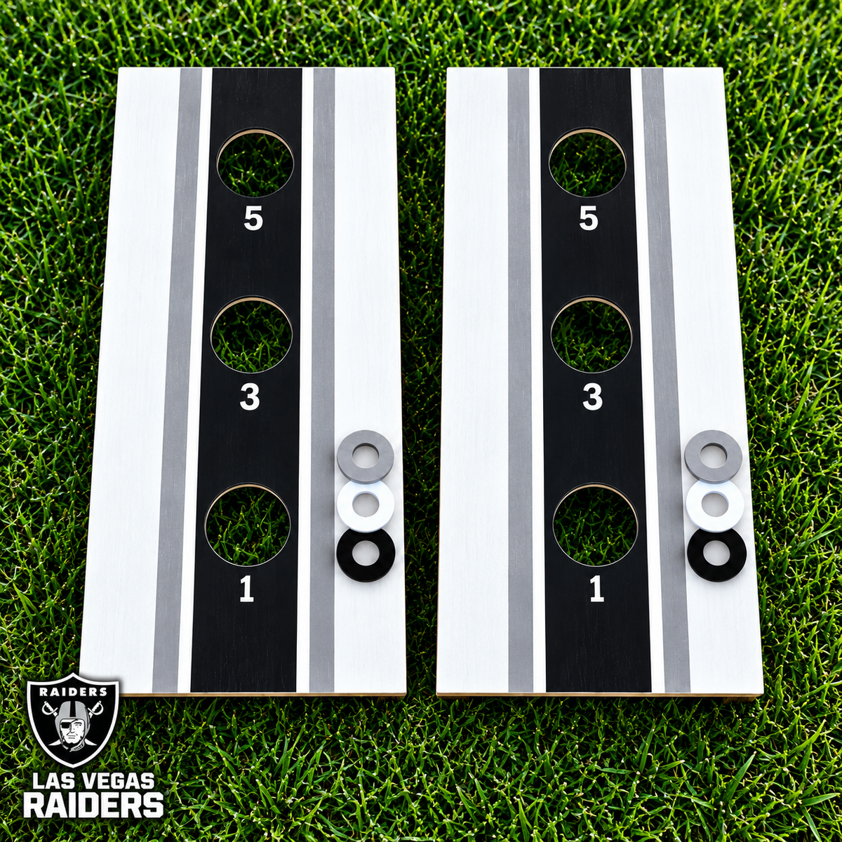 WishyWashy white striped washer toss board set in Las Vegas Raiders colors