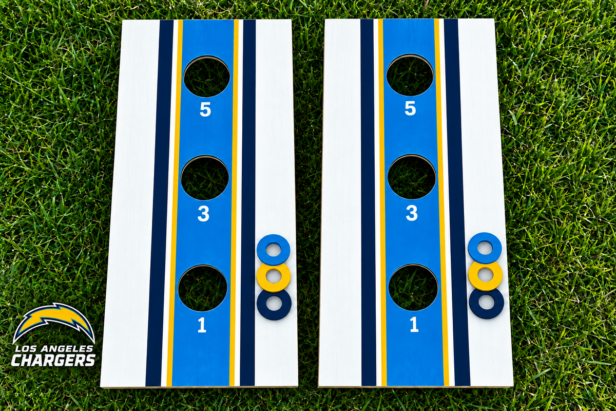 WishyWashy white striped washer toss board set in Los Angeles Chargers colors