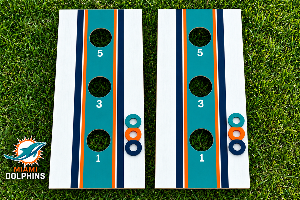 WishyWashy white striped washer toss board set in Miami Dolphins colors