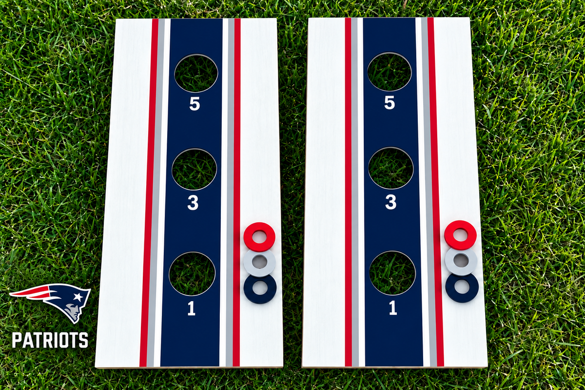 WishyWashy white striped washer toss board set in New England Patriots colors