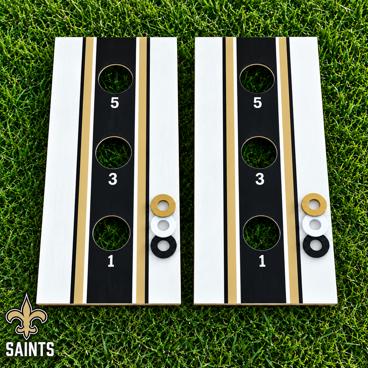 WishyWashy white striped washer toss board set in New Orleans Saints colors