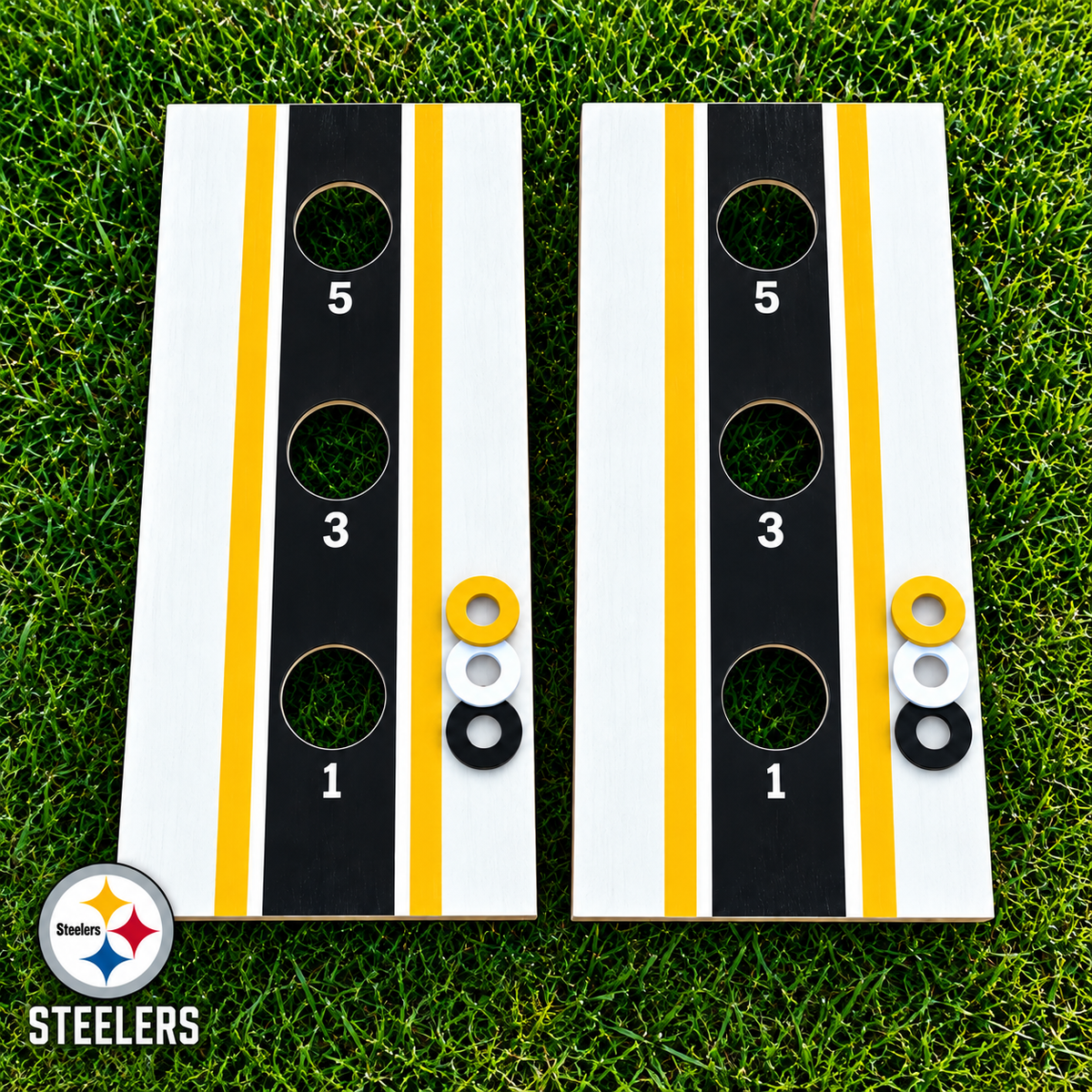 WishyWashy white striped washer toss board set in Pittsburgh Steelers colors