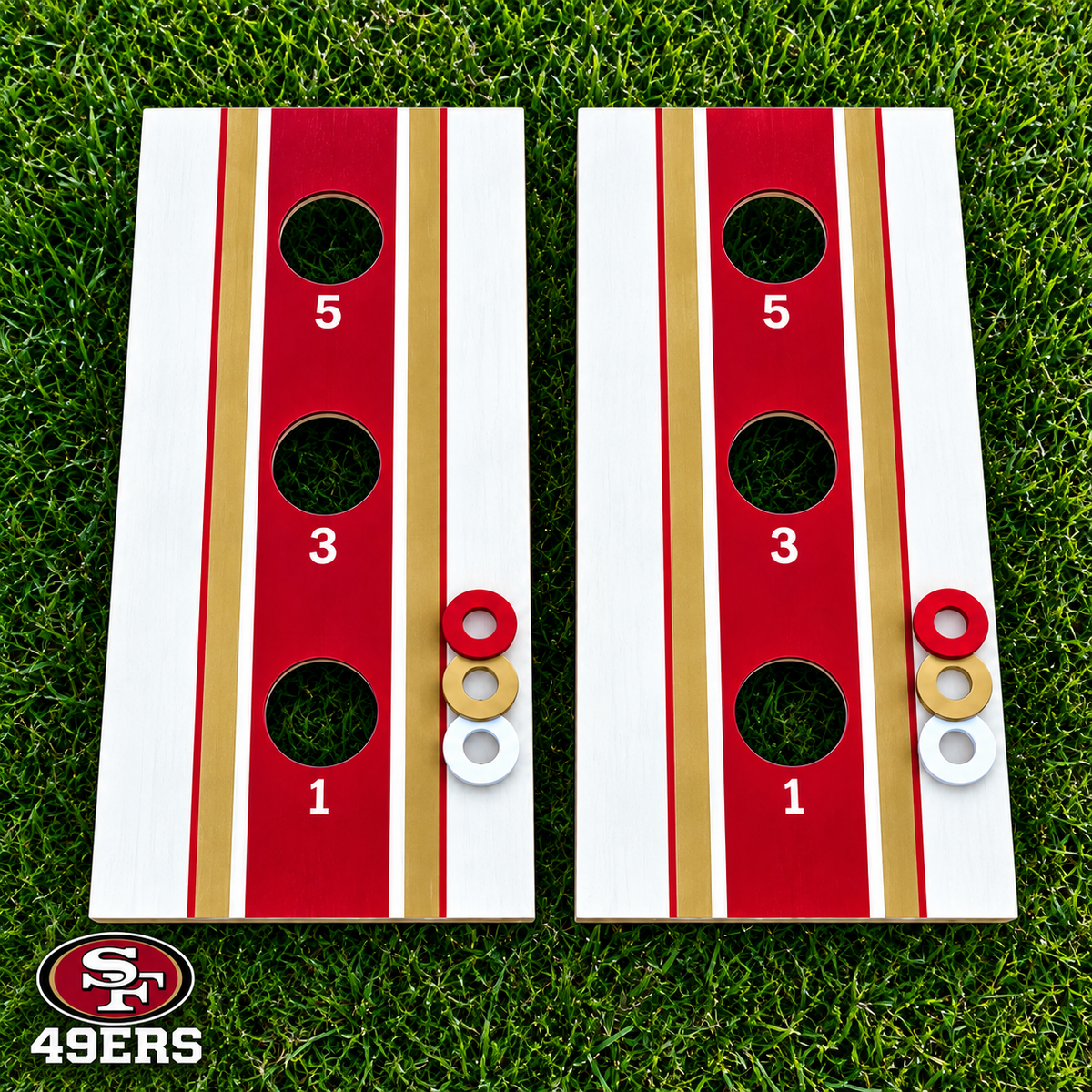 WishyWashy white striped washer toss board set in San Francisco 49ers colors