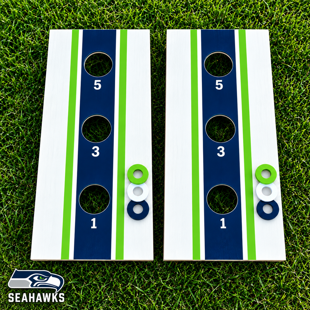 WishyWashy white striped washer toss board set in Seattle Seahawks colors