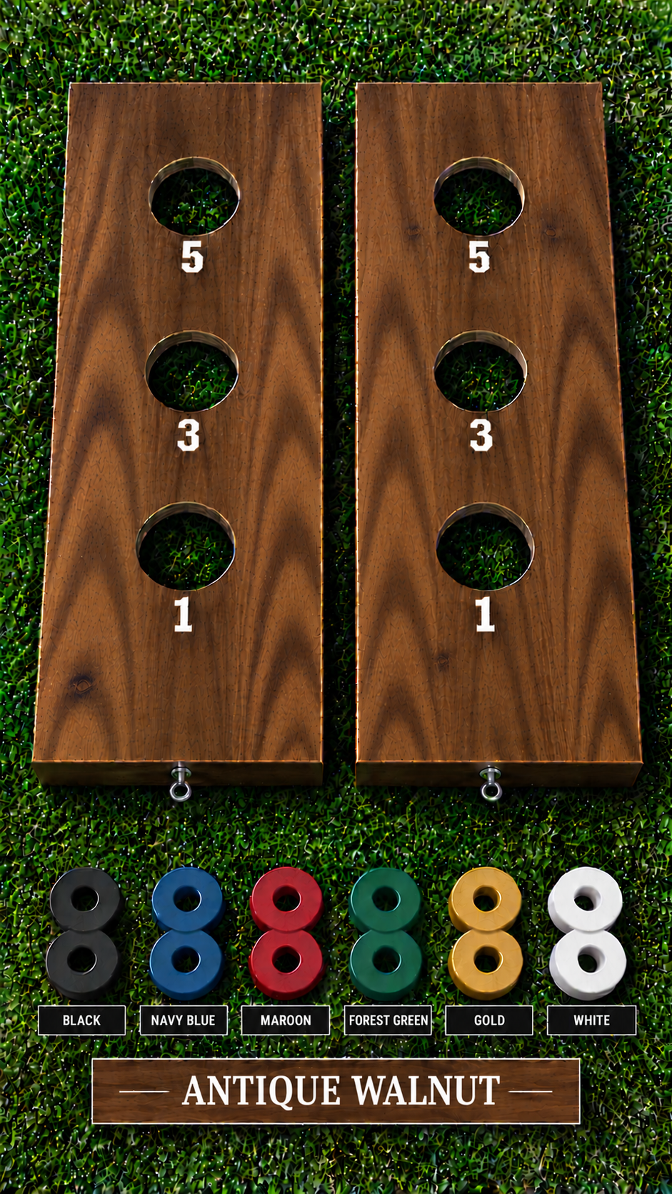 WishyWashy plywood game board set, Antique Walnut stain, six washer color options