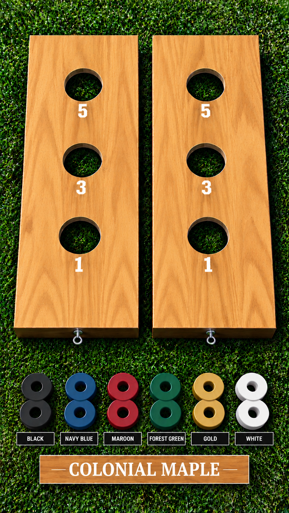 WishyWashy plywood game board set, Colonial Maple stain, six washer color options