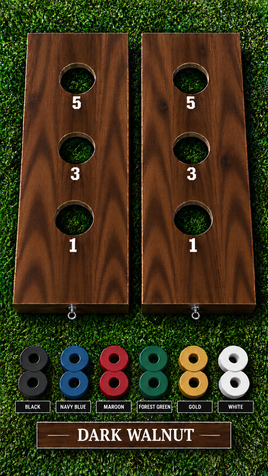 WishyWashy plywood game board set, Dark Walnut stain, six washer color options