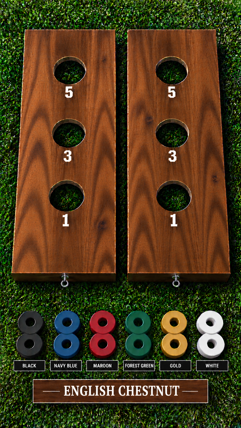 WishyWashy plywood game board set, English Chestnut stain, six washer color options