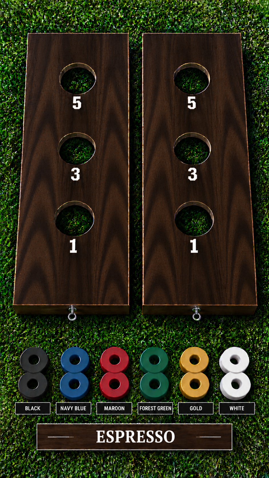 WishyWashy plywood game board set, Espresso stain, six washer color options