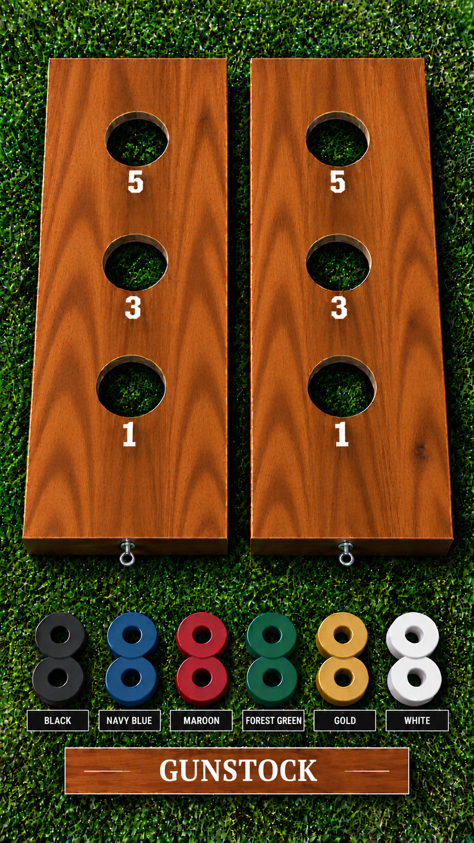 WishyWashy plywood game board set, Gunstock stain, six washer color options