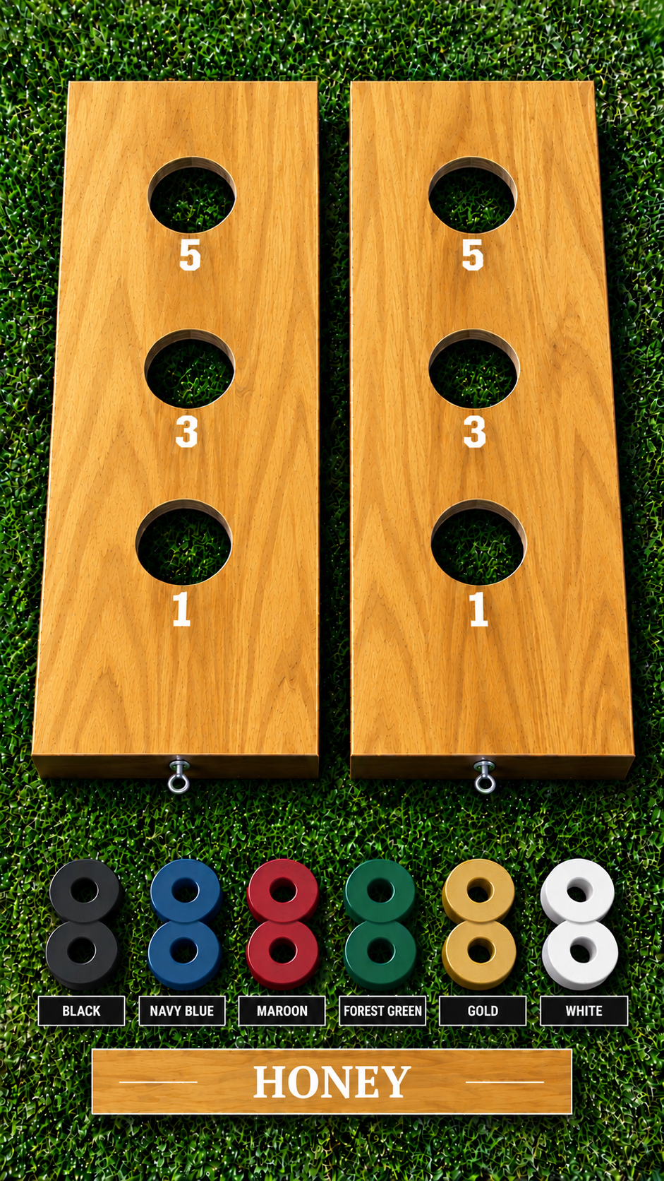 WishyWashy plywood game board set, Honey stain, six washer color options