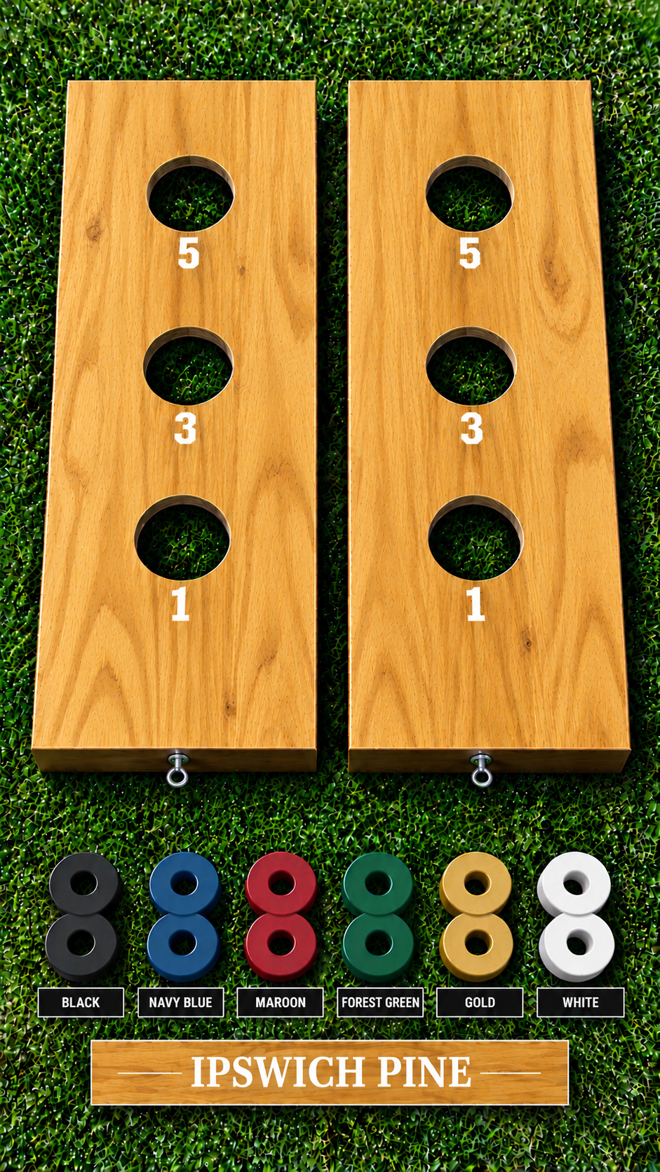 WishyWashy plywood game board set, Ipswich Pine stain, six washer color options