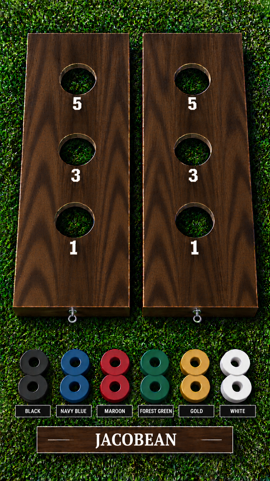 WishyWashy plywood game board set, Jacobean stain, six washer color options