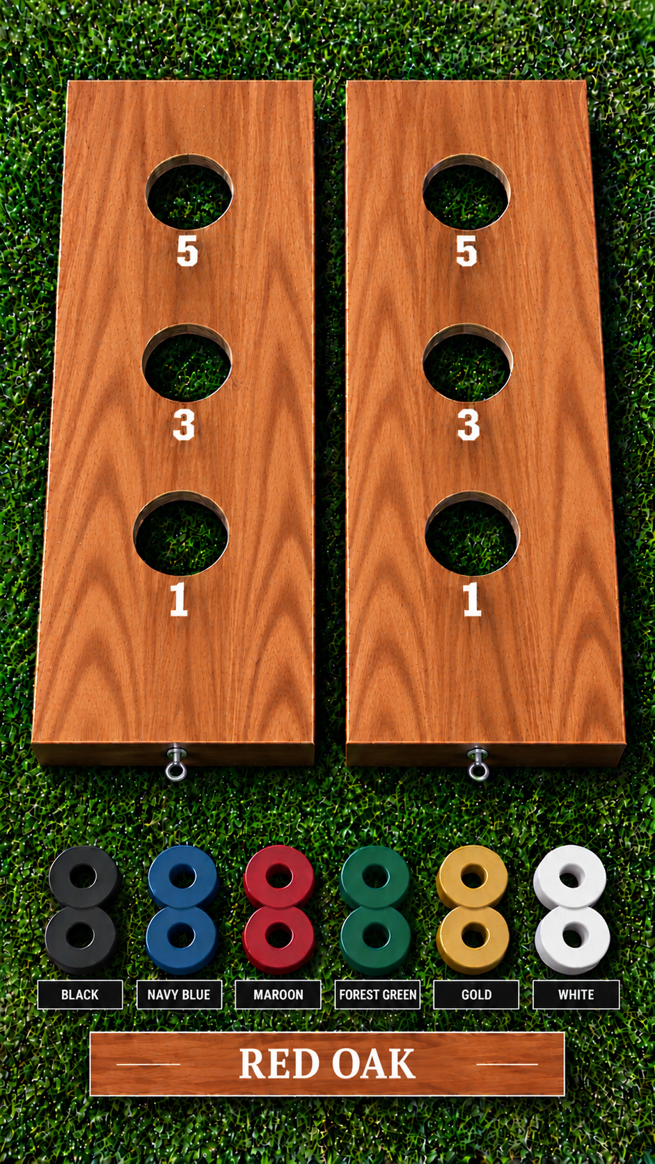 WishyWashy plywood game board set, Red Oak stain, six washer color options