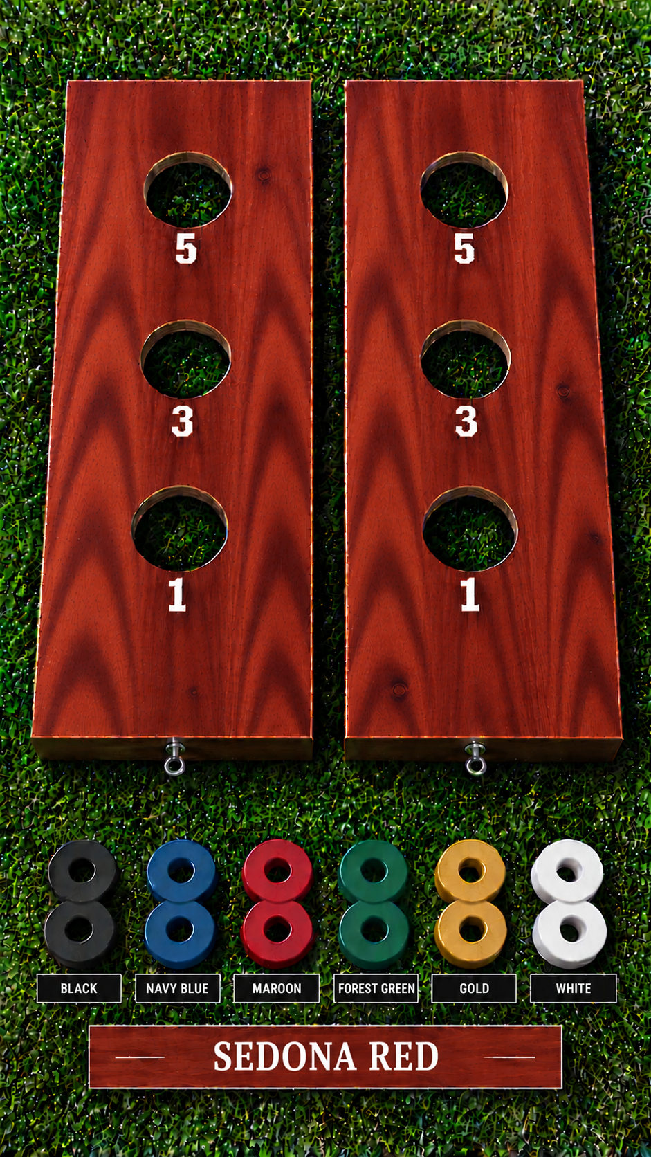 WishyWashy plywood game board set, Sedona Red stain, six washer color options