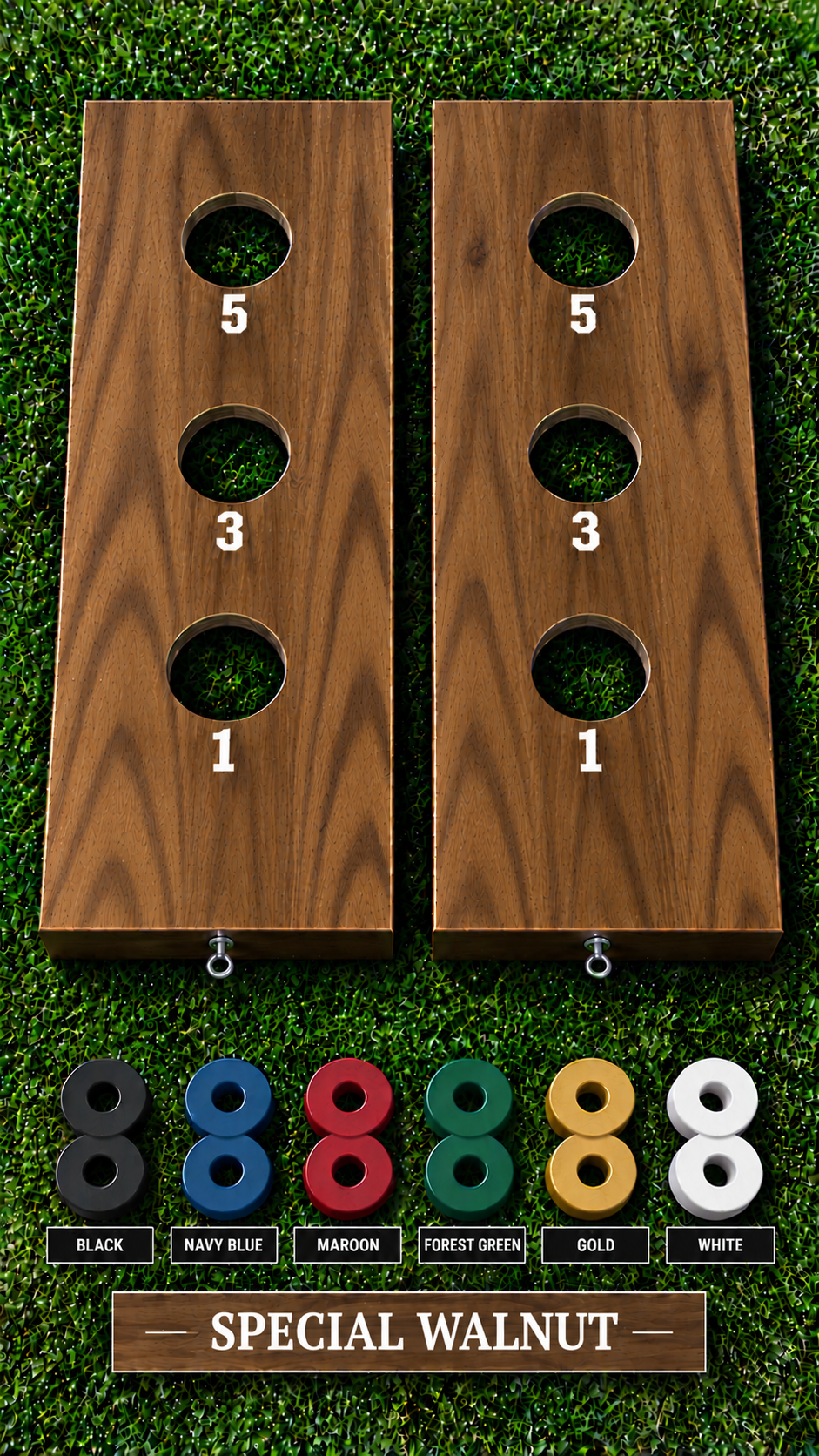 WishyWashy plywood game board set, Special Walnut stain, six washer color options