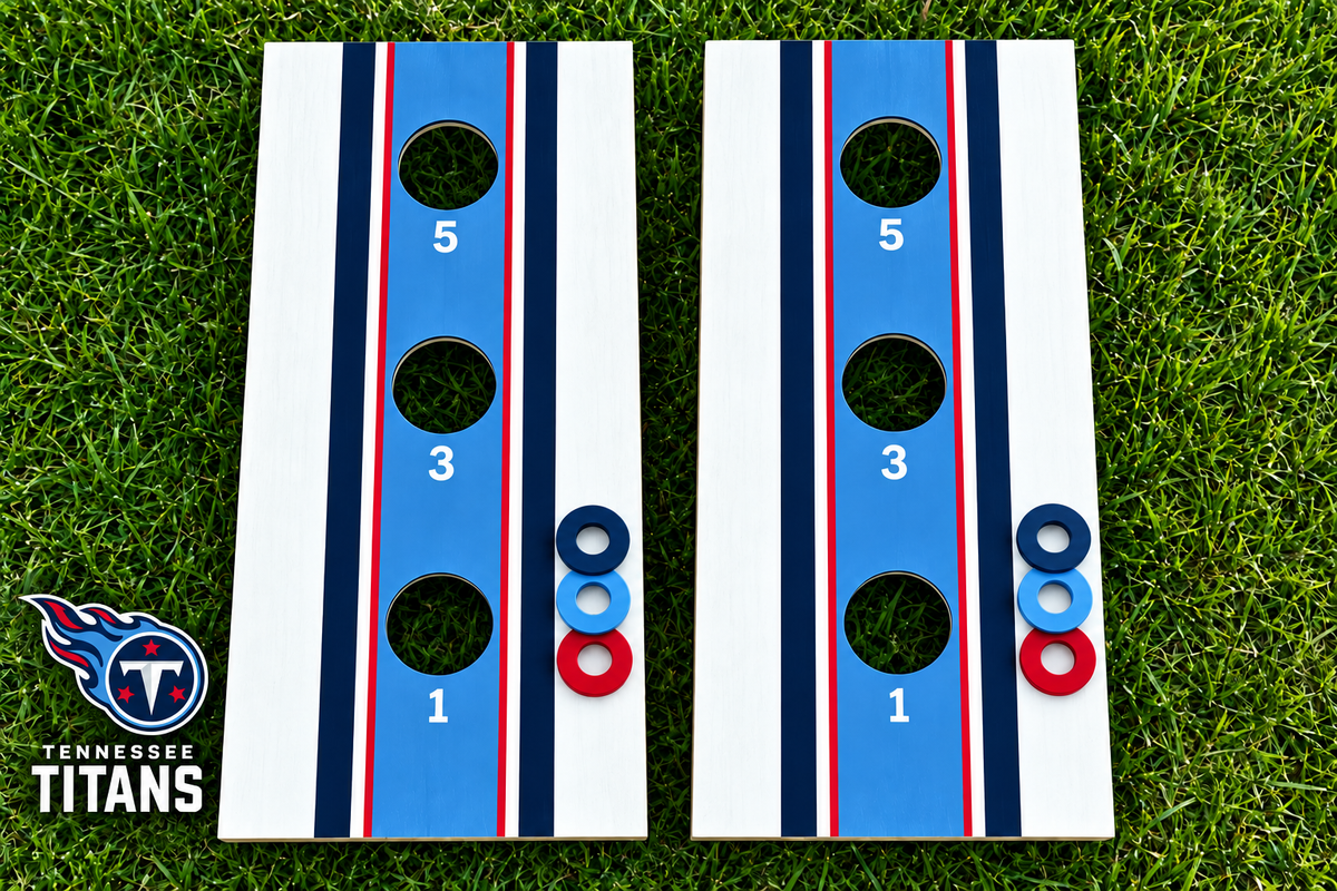 WishyWashy white striped washer toss board set in Tennessee Titans colors